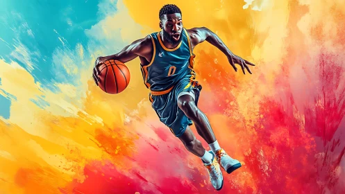 Dynamic basketball guard drives through vibrant color storm.
