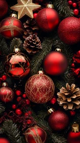 Red ornaments and pinecones create rich Christmas texture.