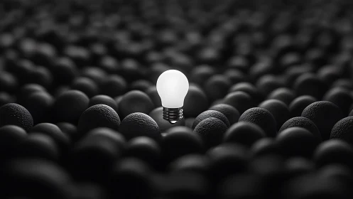 Photorealistic minimal bulb amid matte black spheres grid.