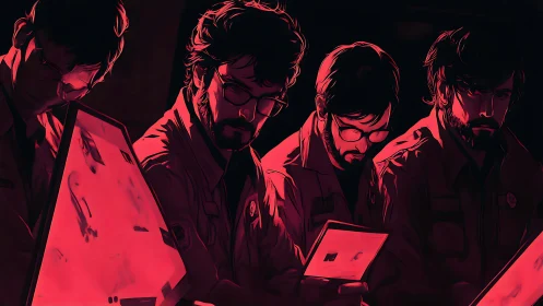 Red neon-lit technicians reviewing holographic data tablets