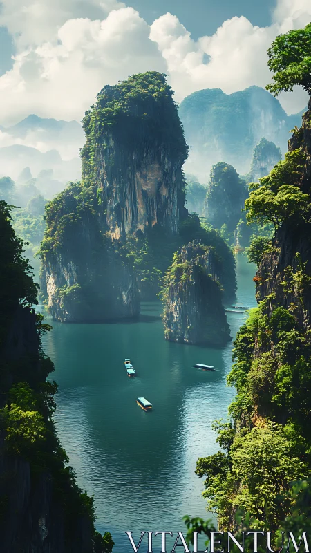 Vertical karst pillars rise from emerald fjord with layered aerial haze