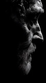 Dramatic side portrait reveals an elderly face in shadow.