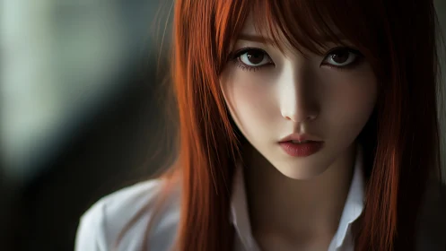 Copper-haired gaze sharpens quiet hallway light into drama