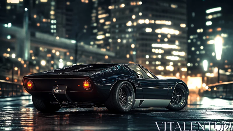 Classic black sports car on wet city street at night.