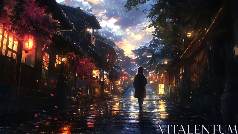 Solitary figure walks wet lantern street under evening rain