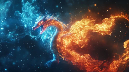 Fiery and icy cosmic dragon formed from swirling flames.