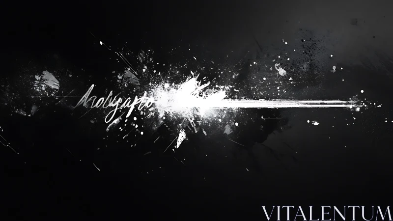 Monochrome ink explosion slices through dark void space.