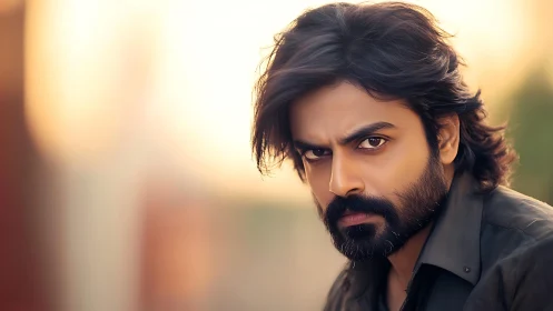 Serious long haired man portrait in warm soft light.
