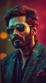 Stylish bearded man in sunglasses stands in neon glow