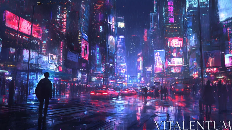 Neon soaked city streets glow softly in a rainy cyber night