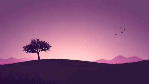Lone twilight tree guarding a lilac hush of distant hills.