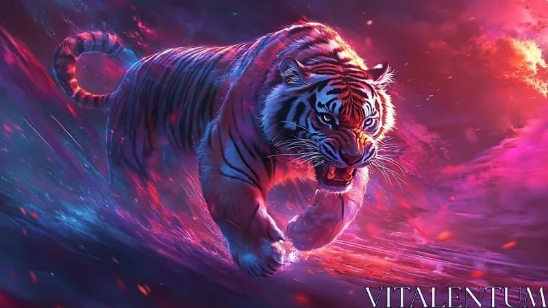 Neon storm tiger sprinting through cosmic embers of dusk.