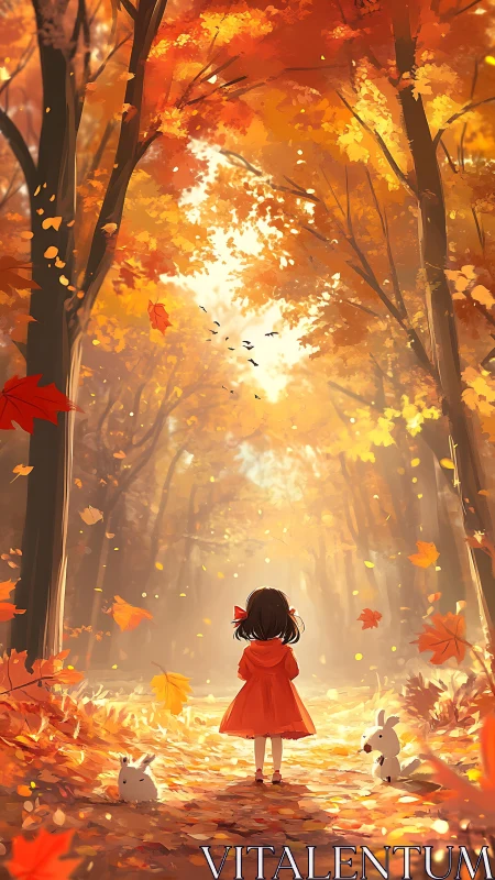 Child in red coat standing in sunlit autumn forest path.