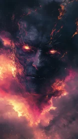 Fiery cosmic face emerging softly from swirling stardust.