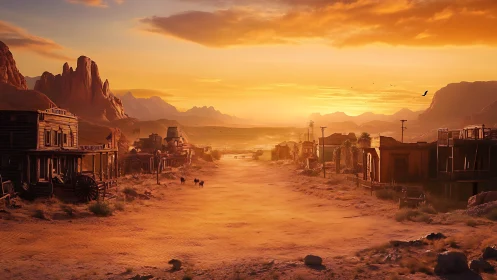 Deserted western town street under orange sunset sky