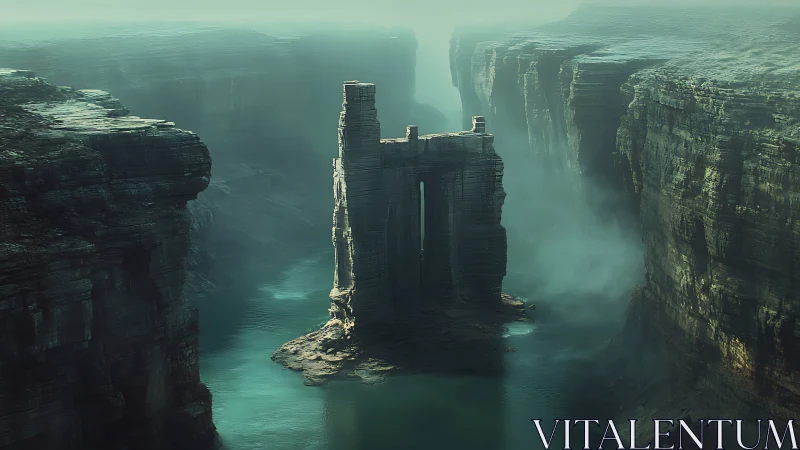 Ancient stone tower rises from misty canyon waters.