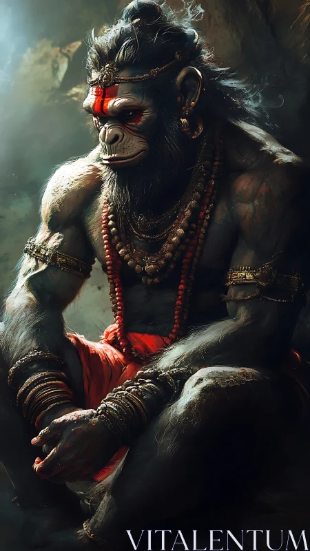Divine simian warrior rests in sacred cavern light.