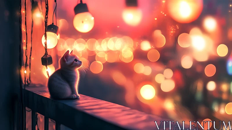 A curious cat gazes at glowing city lights from its perch