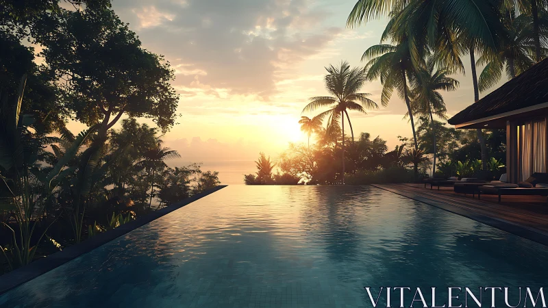 Sunset-tipped palm trees lean over a mirror-still infinity pool