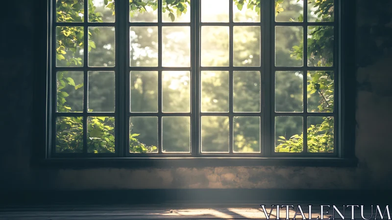 Backlit multi-pane window framing lush sunlit garden view