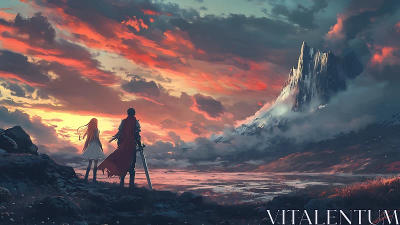 Sunset-bound travelers beneath a towering ember sky.