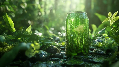 Translucent green soda can terrarium amid dew-lit rainforest