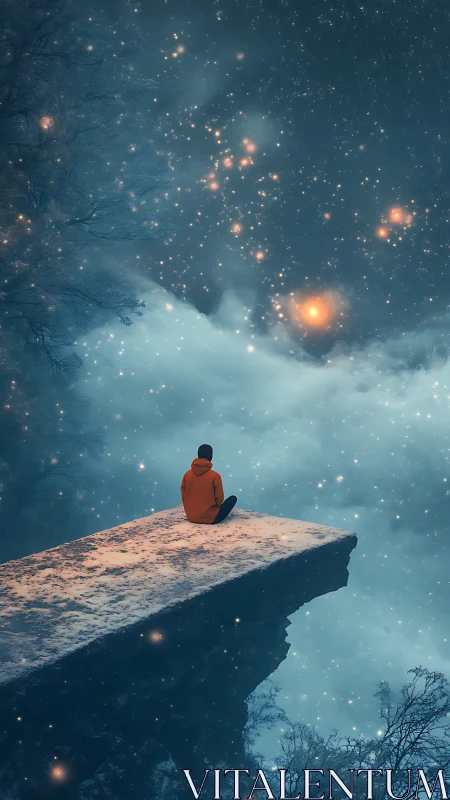 Stargazing soul rests on a snowy cliff above glowing skies
