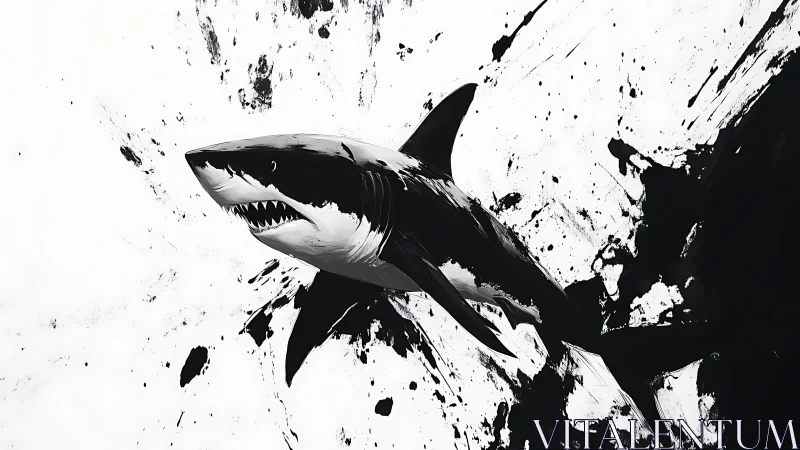 Monochrome shark illustration with dynamic ink splatters.