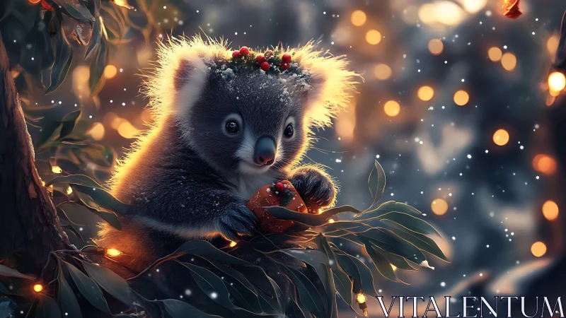 Koala cub crowns winter bokeh with cozy holiday sparkle.