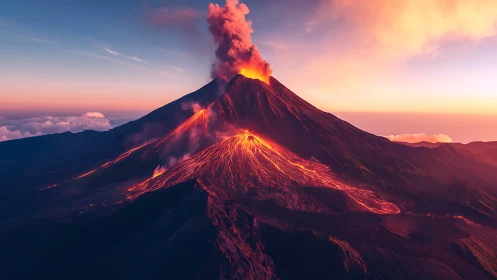 Stratovolcanic eruption with radiating lava channels at dusk.