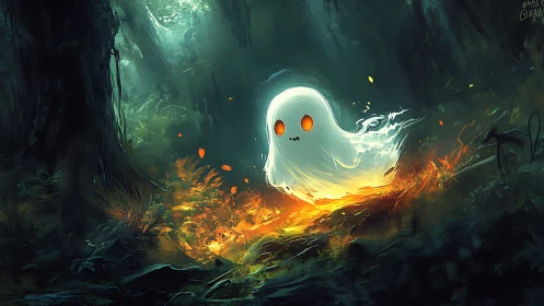 Glow-eyed baby ghost drifts over ember-lit enchanted forest.