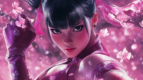 Pink-clad anime fighter with cherry blossoms in focus.