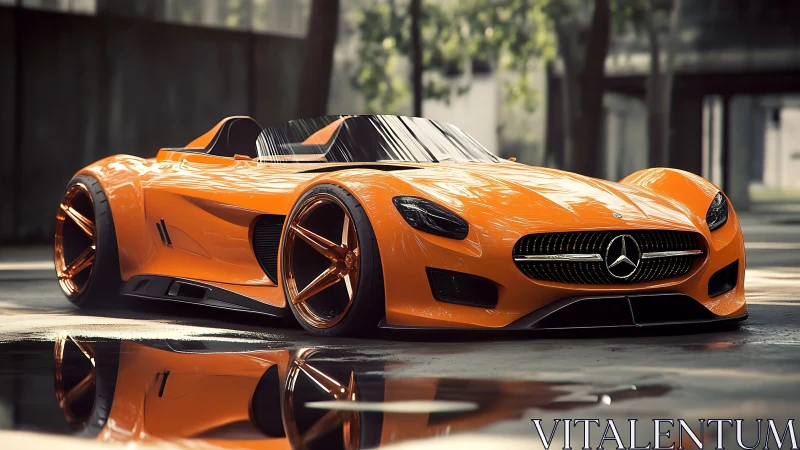 Orange Mercedes roadster concept in urban daylight reflection.