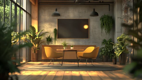 Modern indoor seating area with plants and concrete walls.