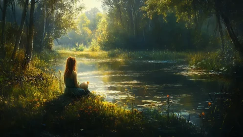 Solitary woman sitting by a sunlit woodland river bank.