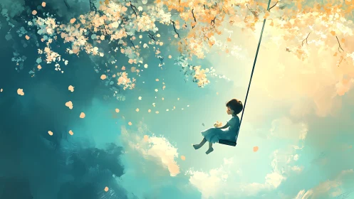 Child on a skyward swing beneath drifting blossom light.