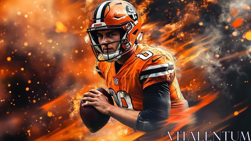 Quarterback holds football against dynamic orange digital backdrop