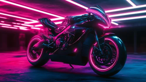 Neon-illuminated sport motorcycle in dark parking structure.