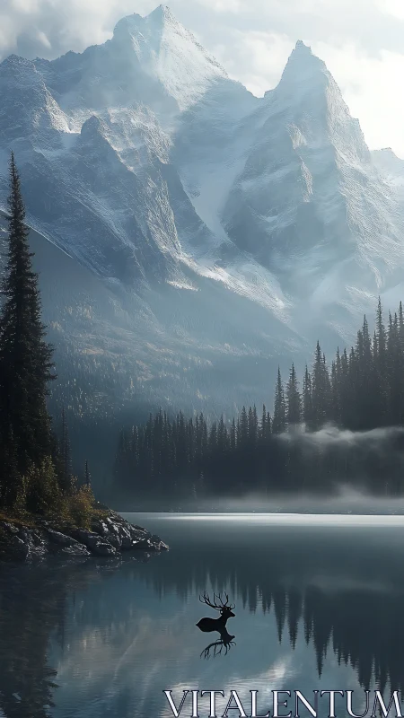 Solitary stag stands in reflective alpine lake before peaks