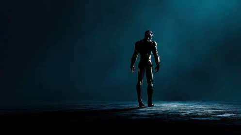 Lone humanoid robot stands in dark, moody environment.