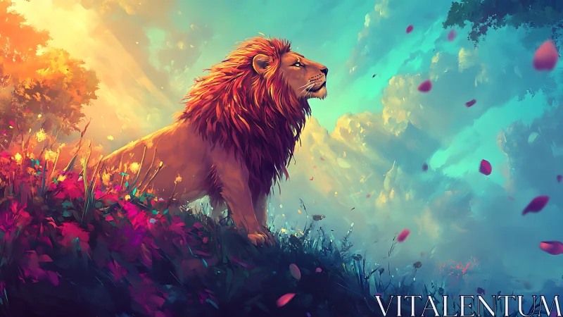 Lion on flowered hill under dramatic sky at sunset.