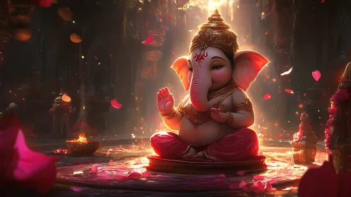 Gentle baby Ganesha in glowing temple of petals and light.
