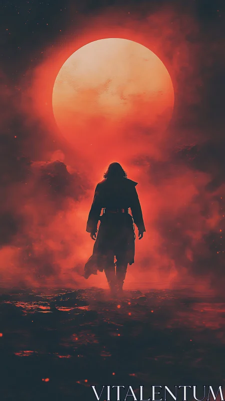 Solitary figure advances toward colossal crimson eclipse