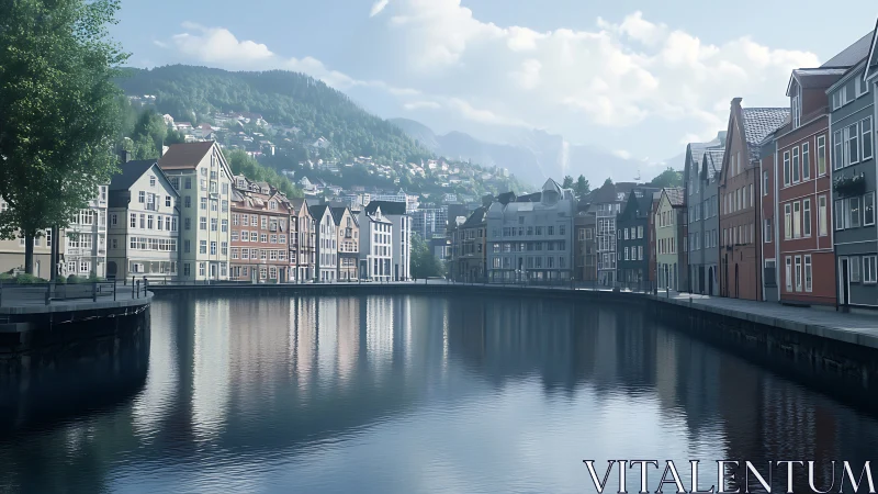 Canal-side Nordic waterfront with high-fidelity atmospheric rendering.