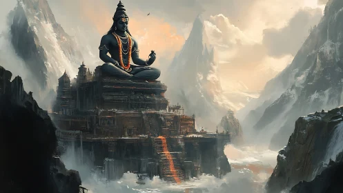 Colossal mountain temple with monumental meditating deity figure.
