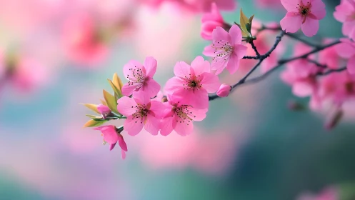 Pink flowering branches displayed against soft teal blurred background
