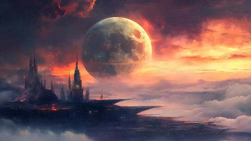 Luminous supermoon above misty sci fi sky cityscape.