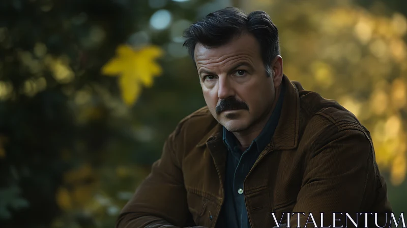 Thoughtful man in autumn jacket beneath soft forest glow.