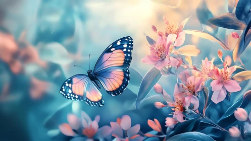 High-saturation butterfly hovering over soft-focus bokeh florals