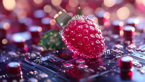 Glowing raspberry USB device on luminous circuit board surface.
